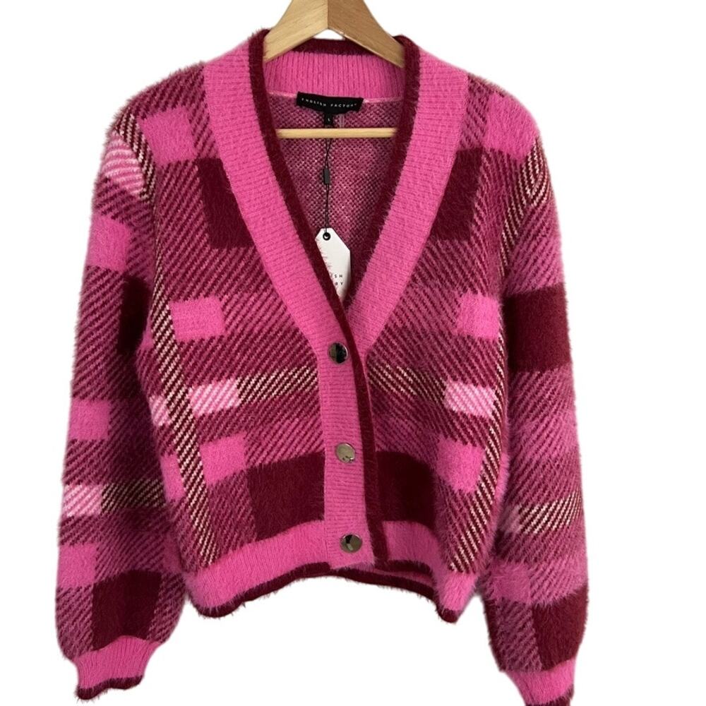 English Factory Checkered Plaid Cardigan Sweater Pink Women Size Large‎ NEW